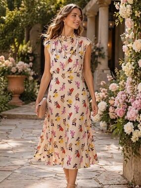 Ann Taylor Ivory Floral Mock Neck Midi Flare Dress Wedding Guest Cruise Size 10
